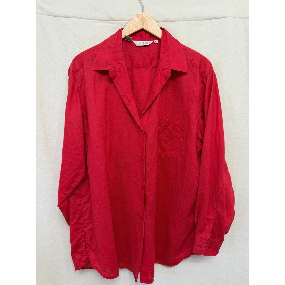 TOTOnKO Button Down 100% Linen Long Sleeve Shirt Women XL Red Minimalist